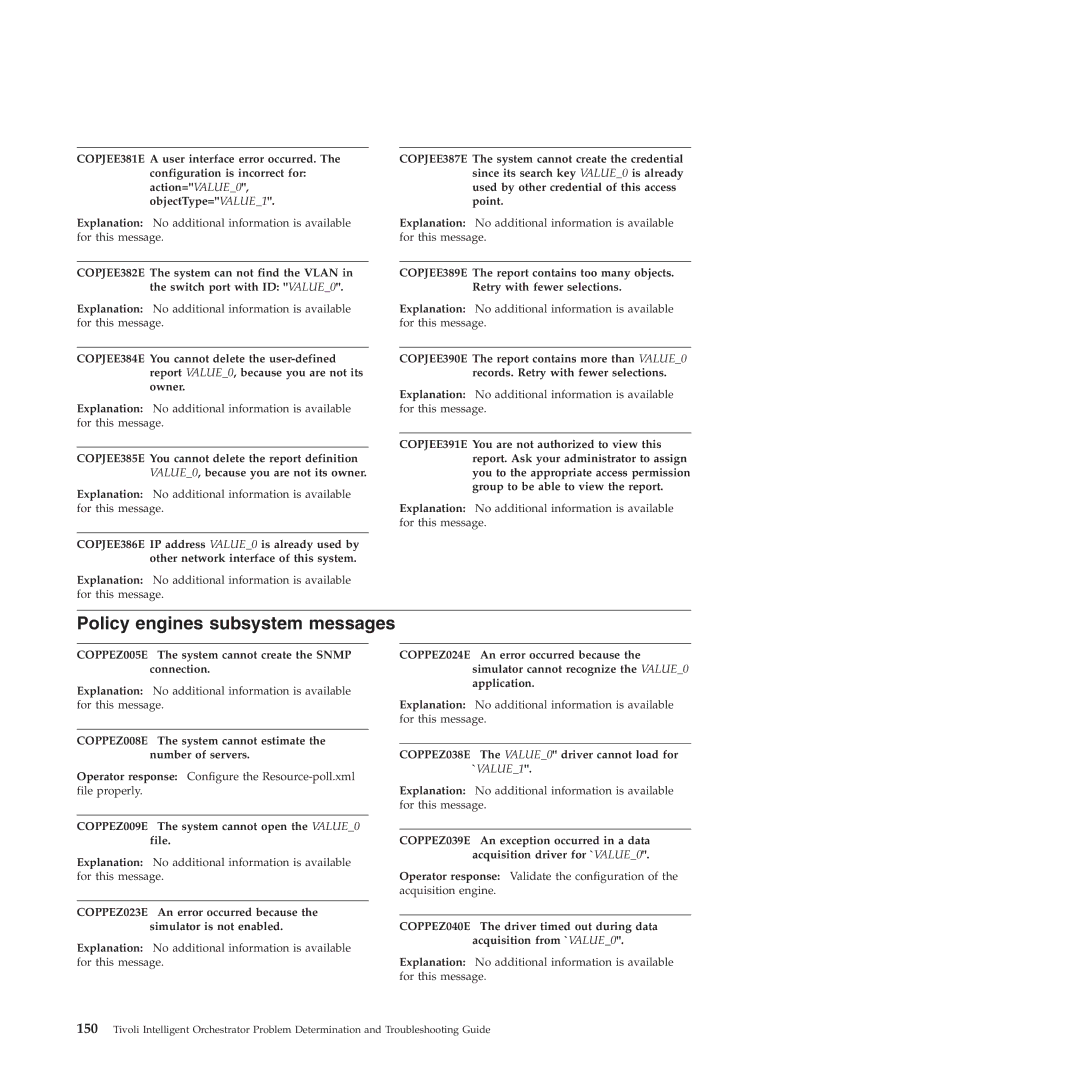 IBM 51 manual Policy engines subsystem messages, COPPEZ005E The system cannot create the Snmp connection 