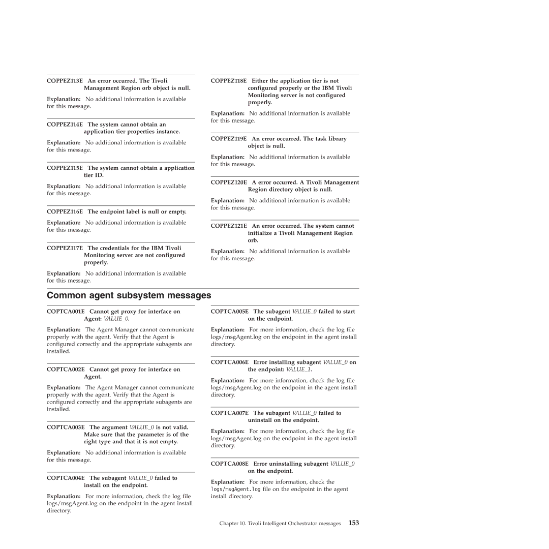 IBM 51 manual Common agent subsystem messages, COPPEZ115E The system cannot obtain a application tier ID 