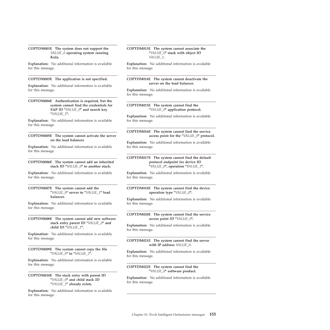 IBM 51 manual COPTDM003E The application is not specified, COPTDM009E The system cannot copy the file VALUE0 to VALUE1 