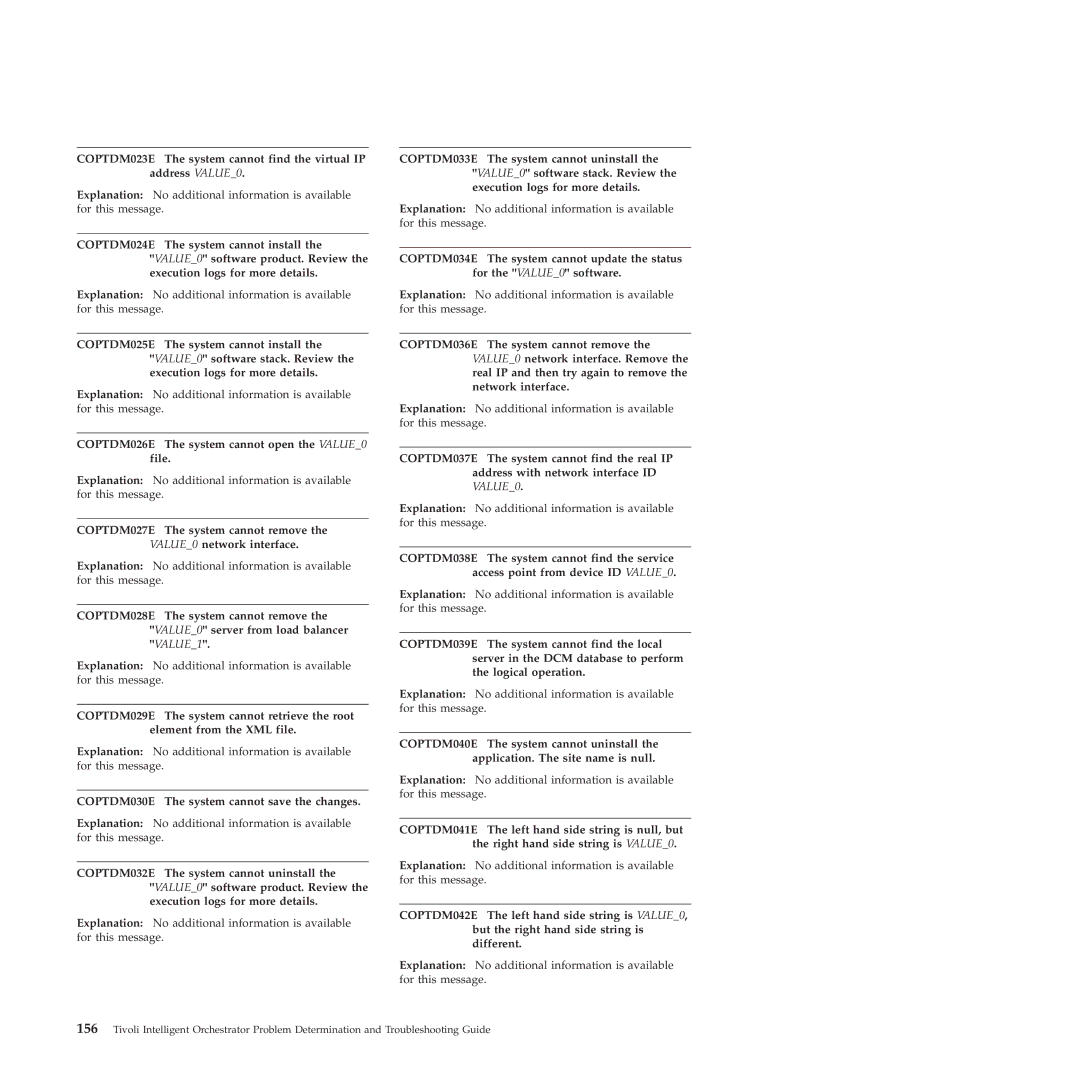 IBM 51 manual COPTDM026E The system cannot open the VALUE0 file, COPTDM030E The system cannot save the changes 