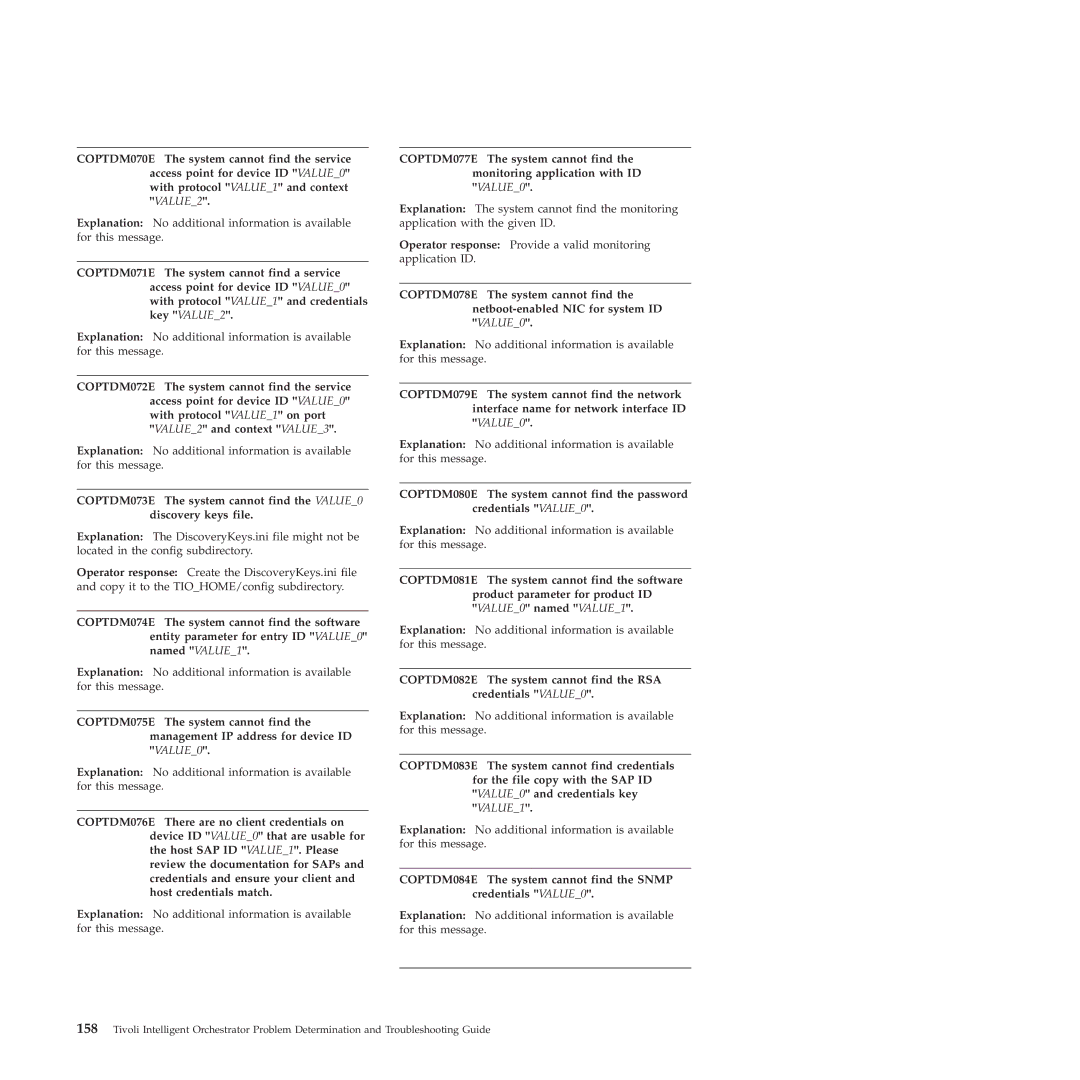 IBM 51 manual COPTDM082E The system cannot find the RSA credentials VALUE0 