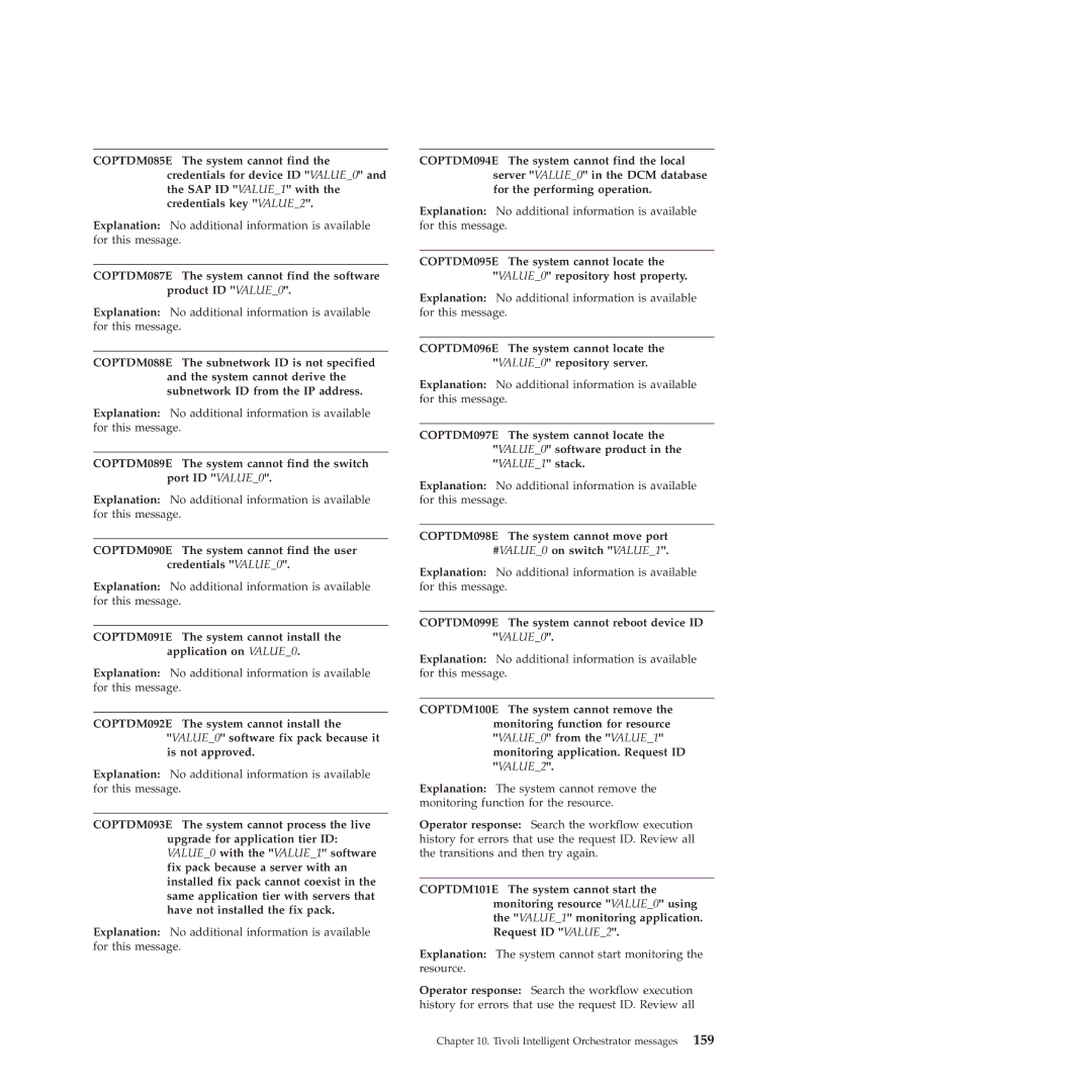 IBM 51 manual COPTDM089E The system cannot find the switch port ID VALUE0, COPTDM098E The system cannot move port 