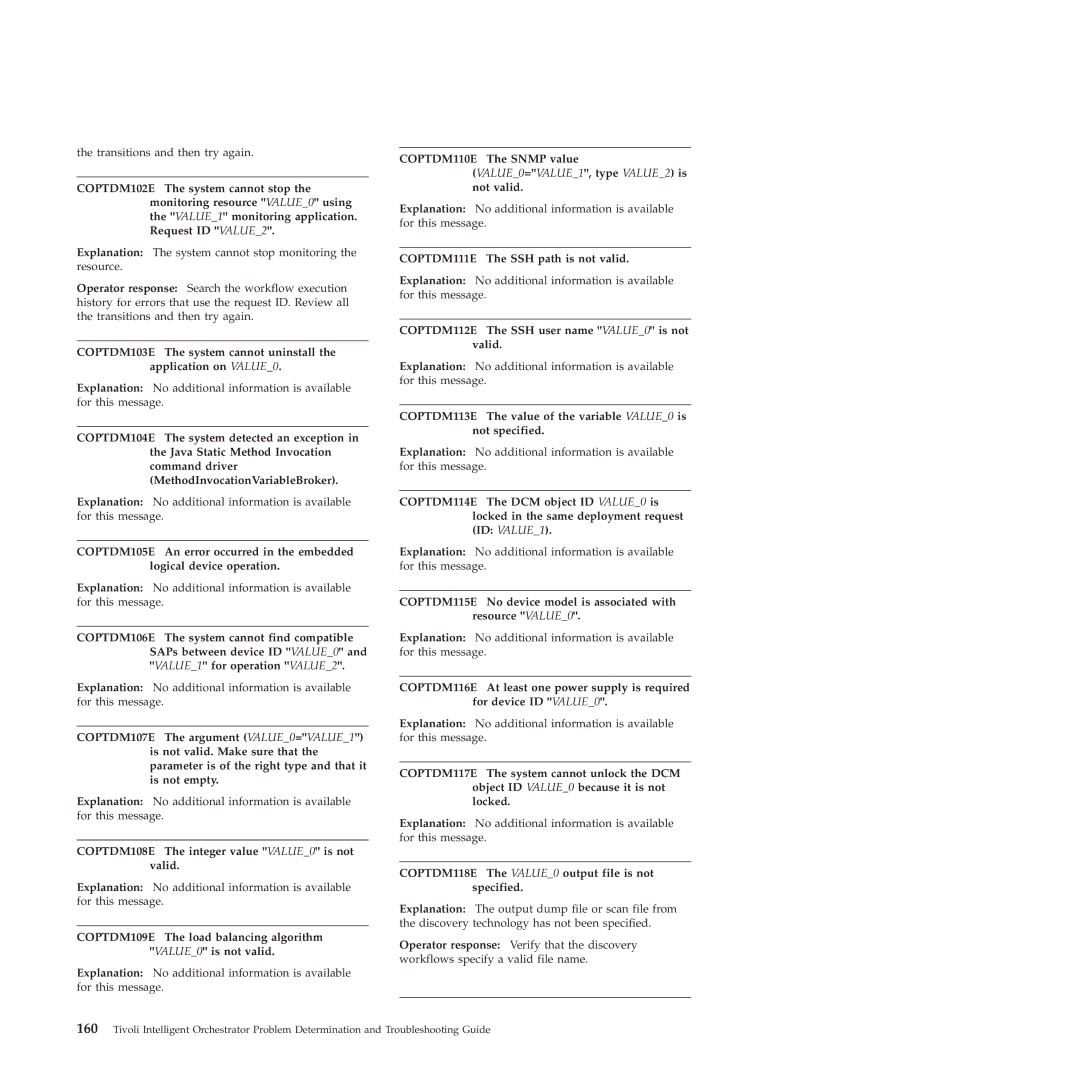 IBM 51 manual COPTDM108E The integer value VALUE0 is not valid, COPTDM109E The load balancing algorithm VALUE0 is not valid 