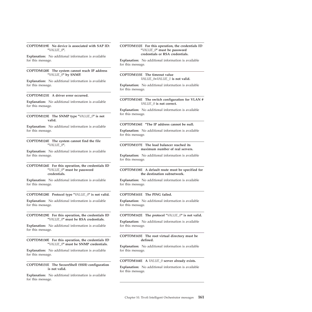 IBM 51 manual COPTDM119E No device is associated with SAP ID VALUE0, COPTDM121E a driver error occurred 