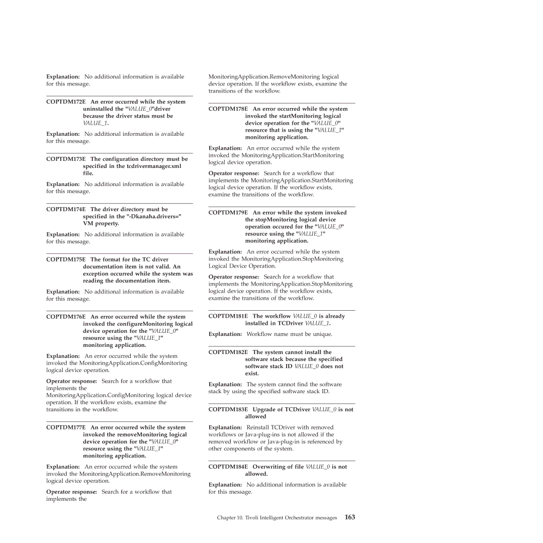 IBM 51 manual COPTDM183E Upgrade of TCDriver VALUE0 is not allowed, COPTDM184E Overwriting of file VALUE0 is not allowed 