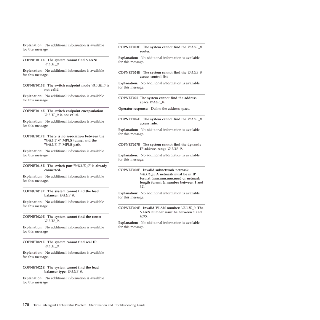 IBM 51 manual COPNET014E The system cannot find Vlan VALUE0, COPNET015E The switch endpoint mode VALUE0 is not valid 