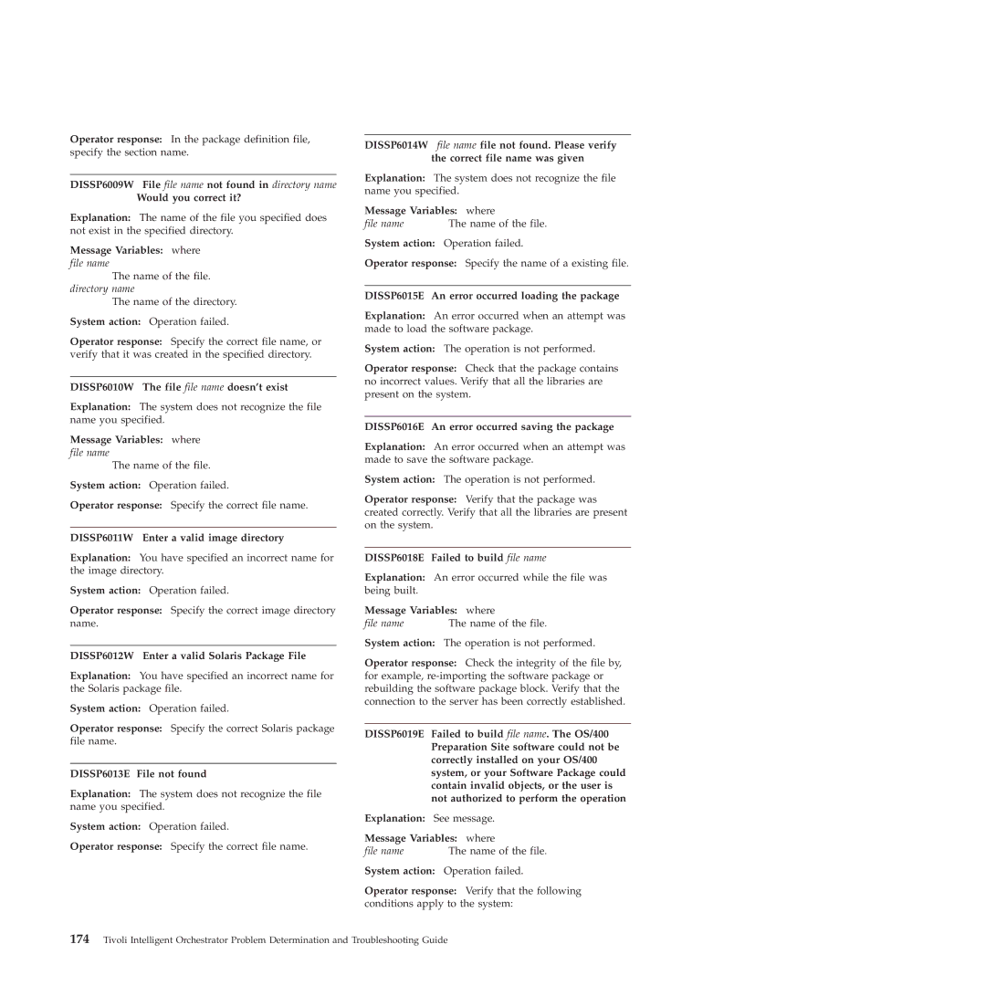 IBM 51 manual Message Variables where file name, DISSP6010W The file file name doesn’t exist, DISSP6013E File not found 