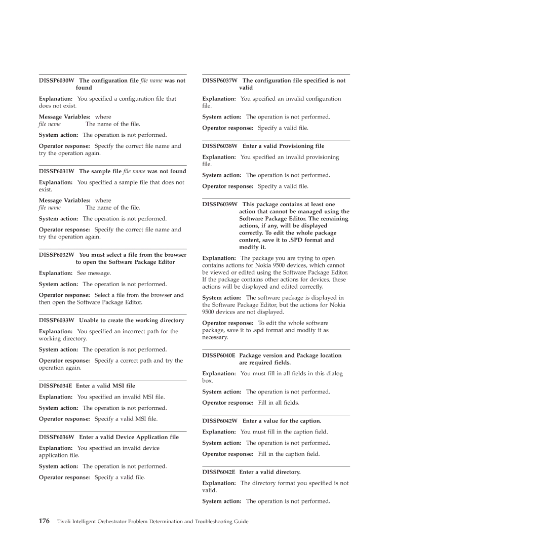 IBM 51 manual DISSP6030W The configuration file file name was not found, DISSP6031W The sample file file name was not found 