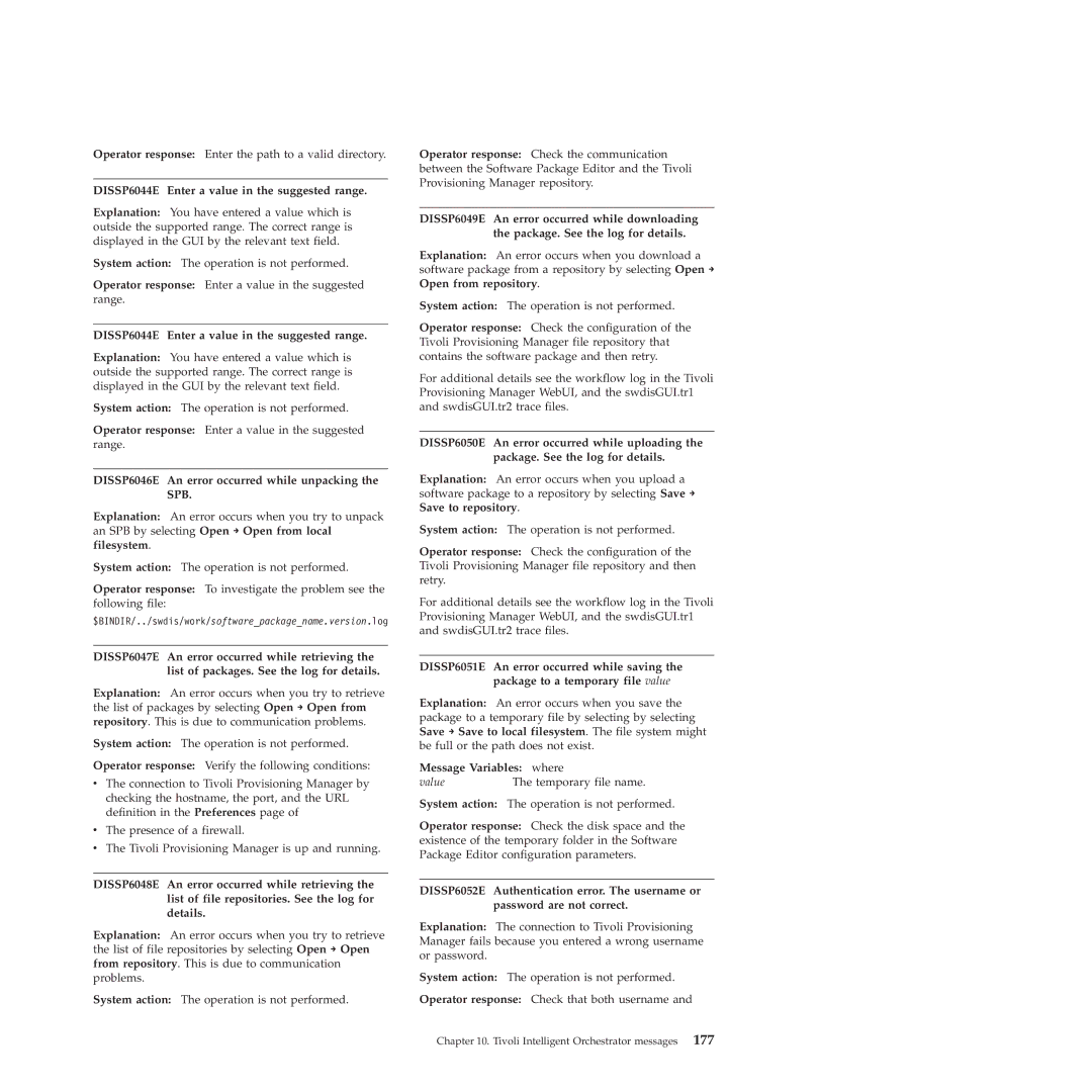 IBM 51 manual DISSP6044E Enter a value in the suggested range, DISSP6046E An error occurred while unpacking the SPB 