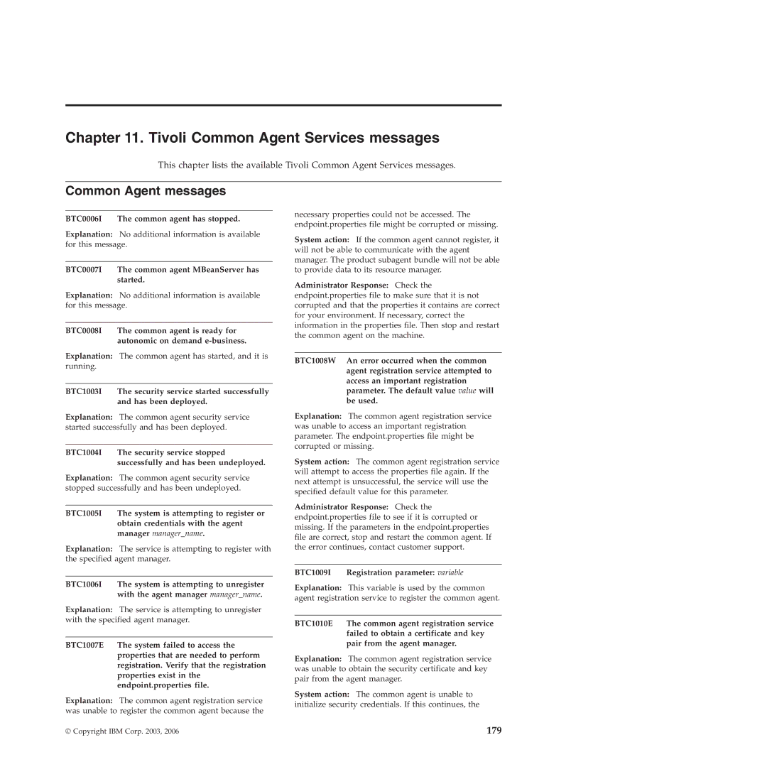 IBM 51 manual Tivoli Common Agent Services messages, Common Agent messages, BTC0006I The common agent has stopped 