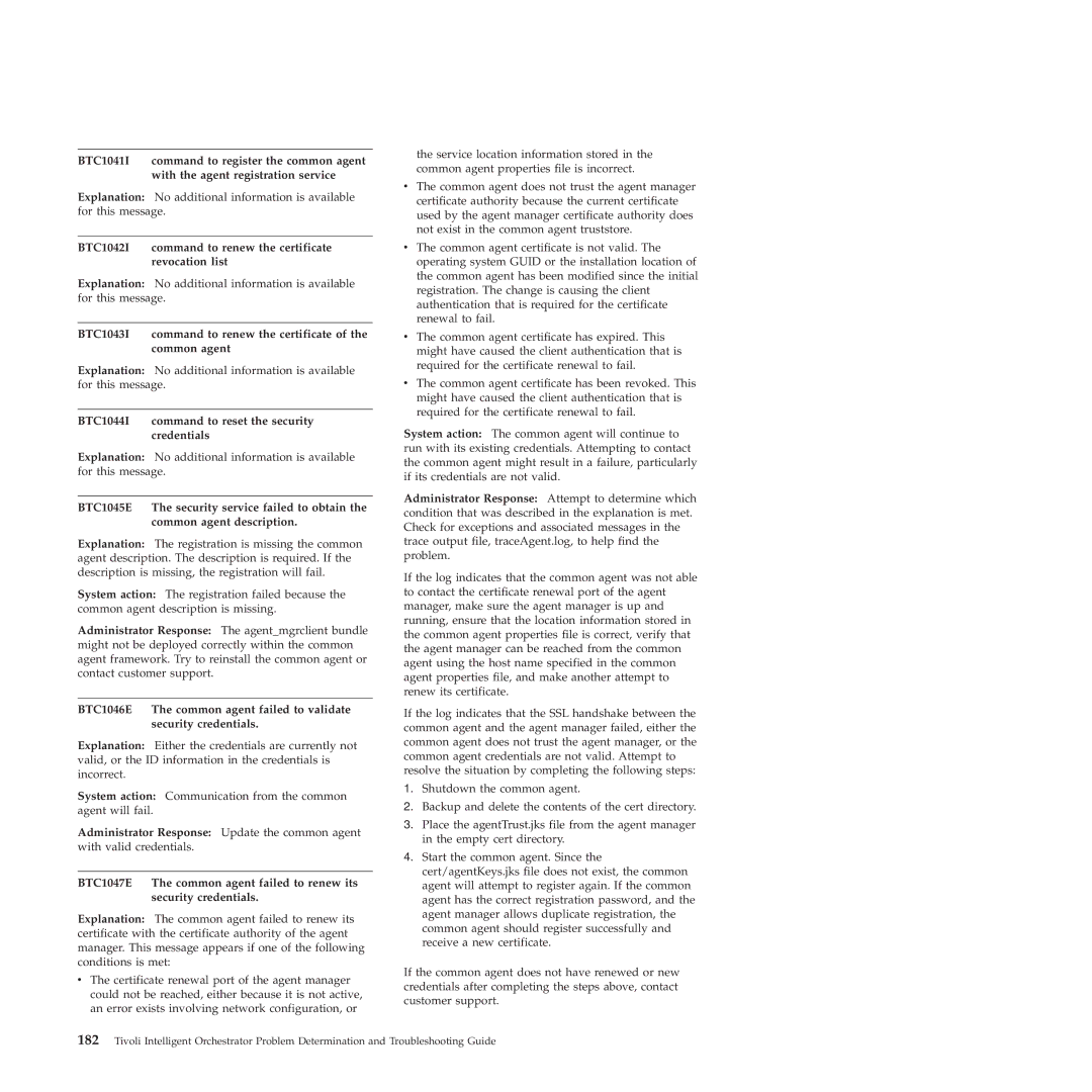 IBM 51 manual BTC1042I command to renew the certificate revocation list, BTC1044I command to reset the security credentials 