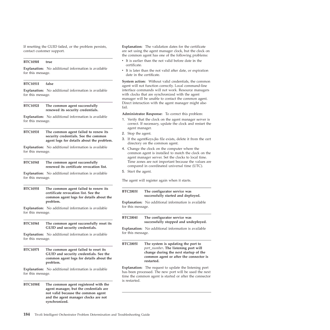 IBM manual BTC1050I true, BTC1051I false, Administrator Response To correct this problem 