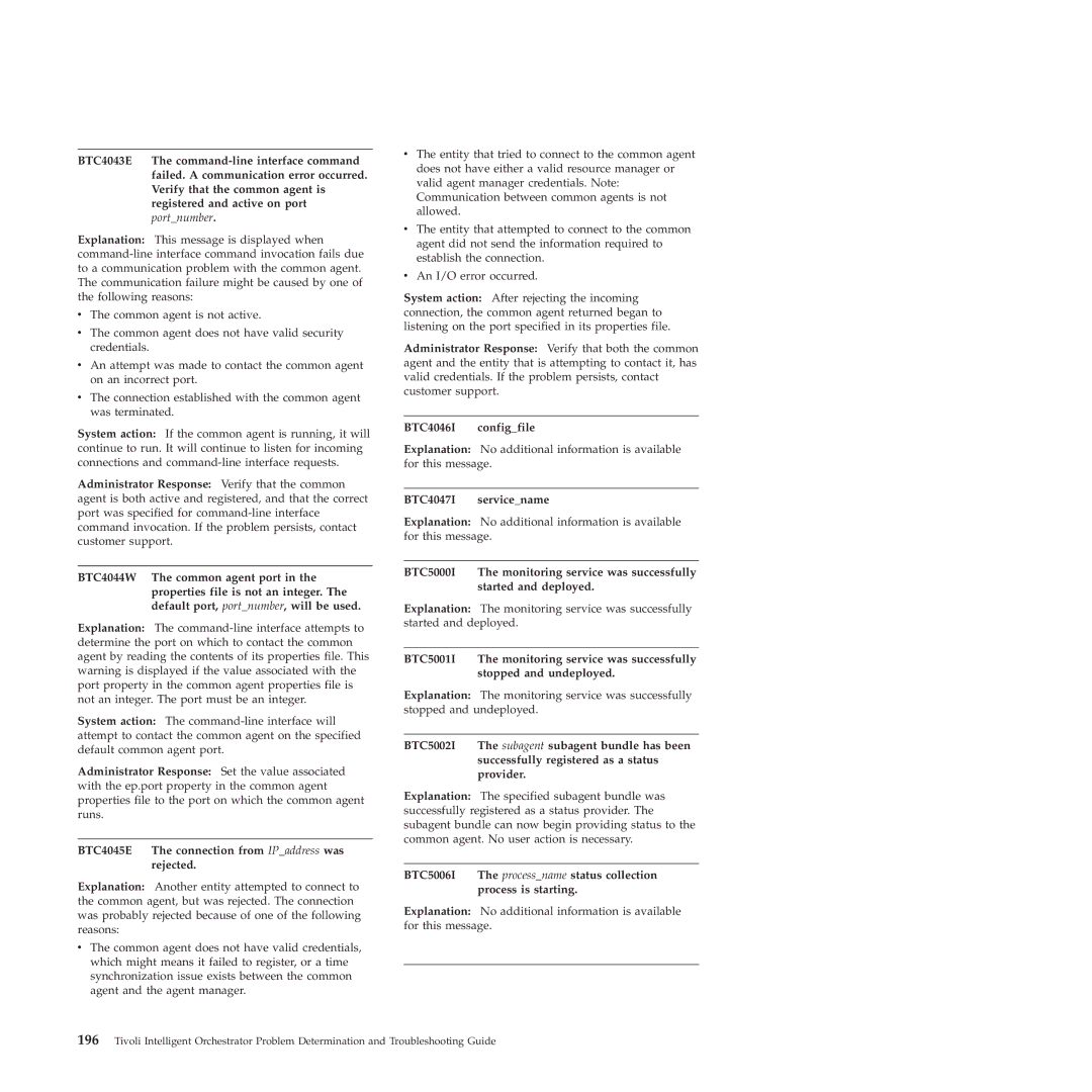 IBM 51 manual BTC4045E The connection from IPaddress was rejected, BTC4046I configfile, BTC4047I servicename 