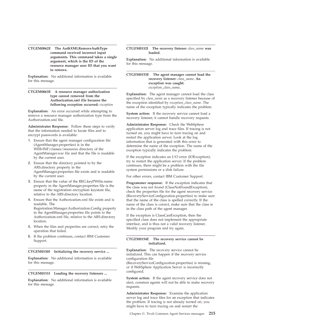 IBM manual CTGEM0150I Initializing the recovery service, CTGEM0151I Loading the recovery listeners 