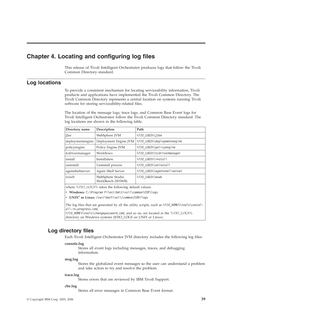 IBM 51 manual Locating and configuring log files, Log locations, Log directory files 