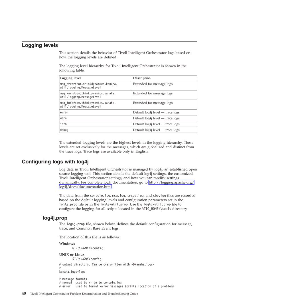 IBM 51 manual Logging levels, Configuring logs with log4j, Log4j.prop, Windows, Unix or Linux 