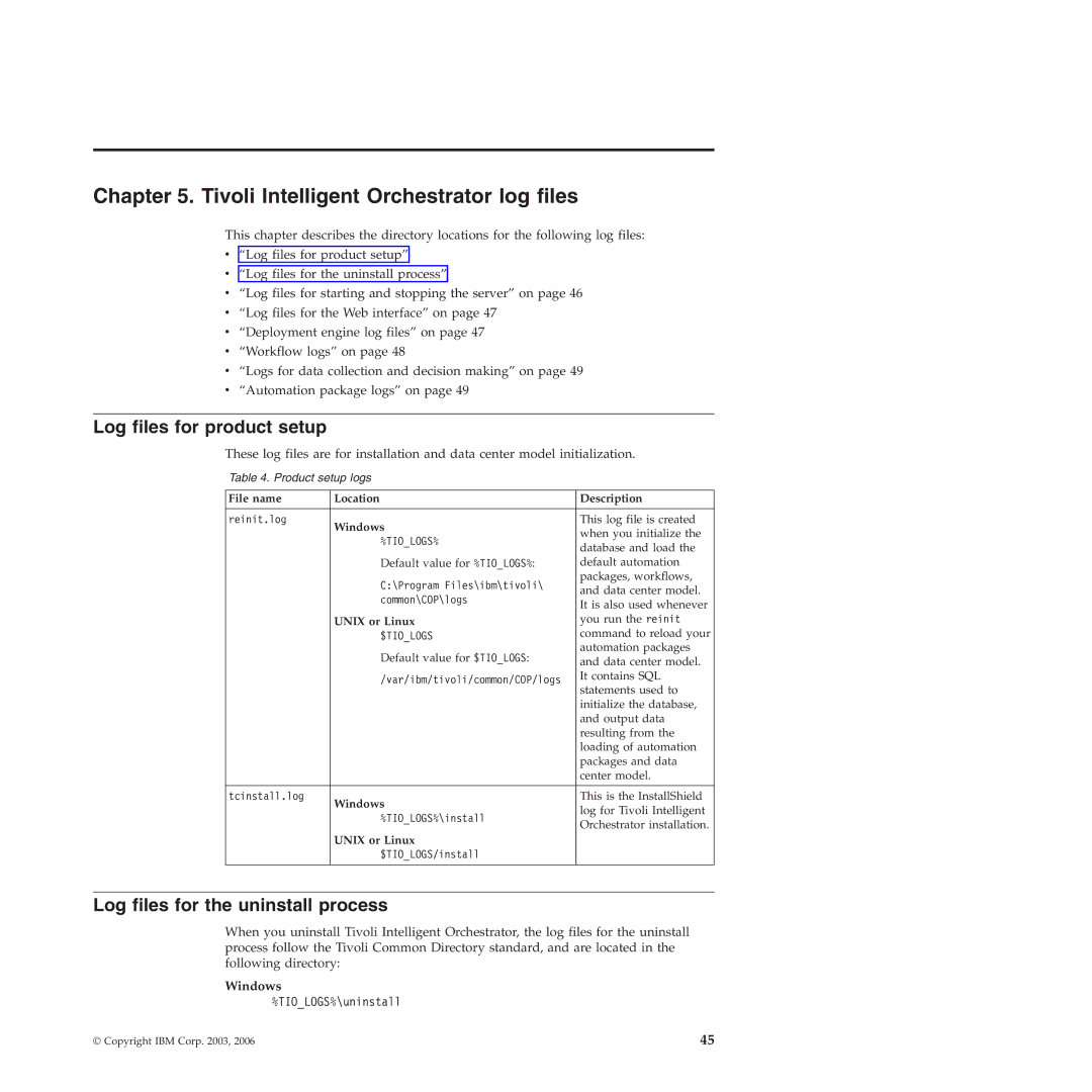 IBM 51 manual Tivoli Intelligent Orchestrator log files, Log files for product setup, Log files for the uninstall process 