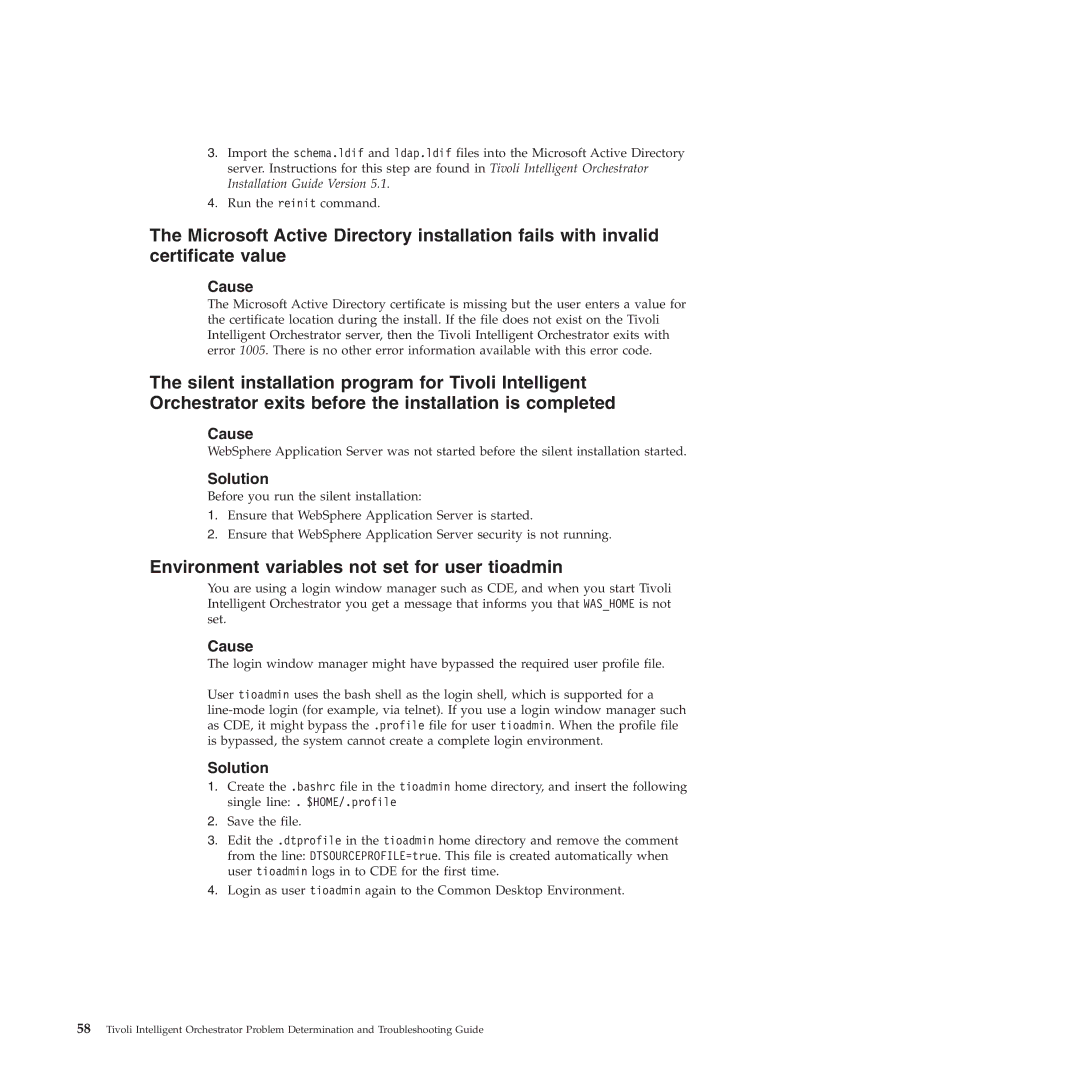 IBM 51 manual Environment variables not set for user tioadmin 