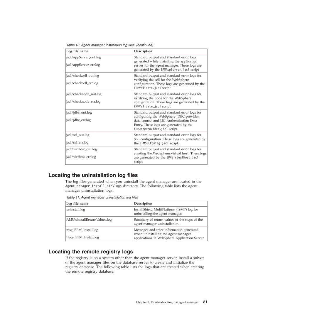 IBM 51 manual Locating the uninstallation log files, Locating the remote registry logs 