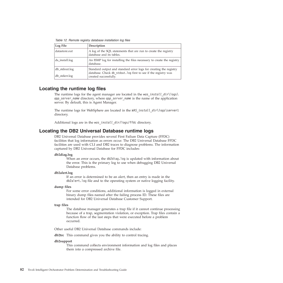 IBM 51 manual Locating the runtime log files, Locating the DB2 Universal Database runtime logs, Log File Description 