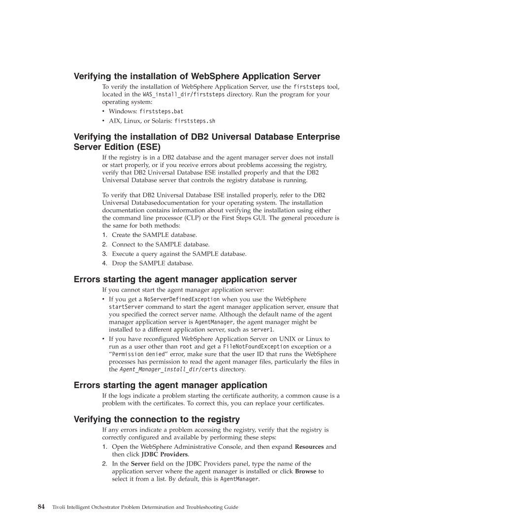 IBM 51 Verifying the installation of WebSphere Application Server, Errors starting the agent manager application server 