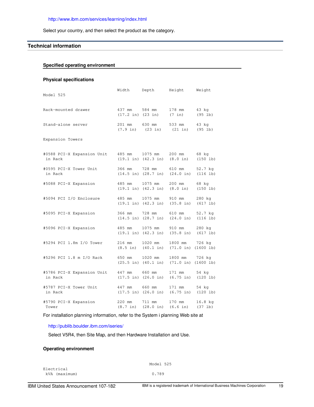 IBM 525 manual Technical information, Specified operating environment Physical specifications, Operating environment 