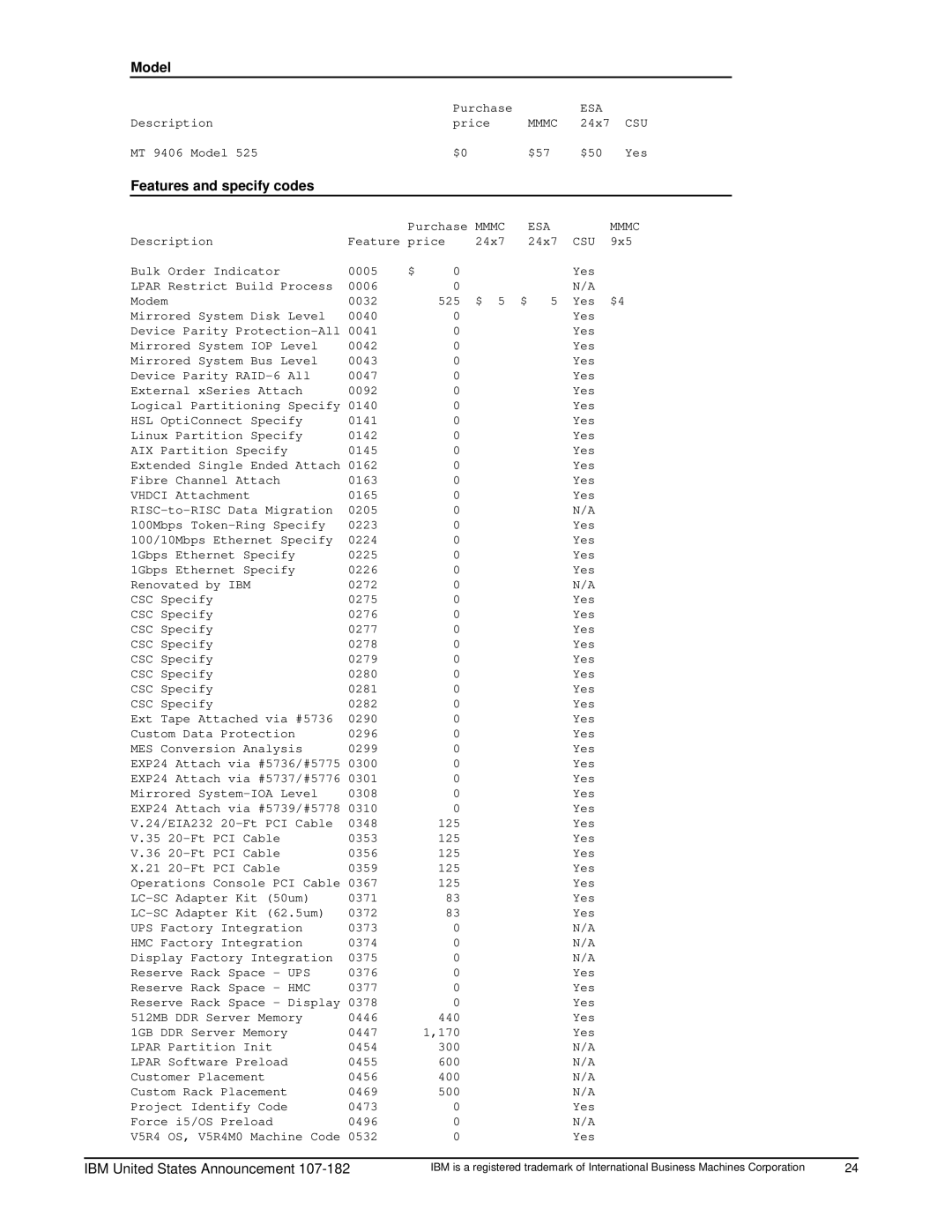 IBM 525 manual Model, Features and specify codes 