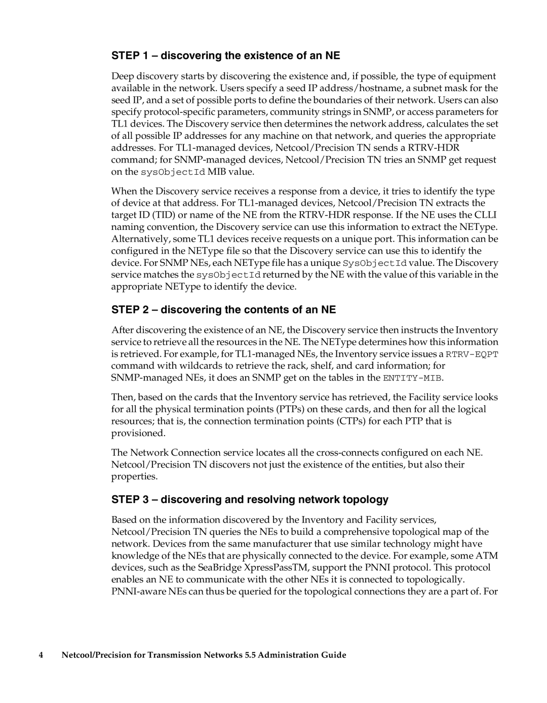 IBM 5.5 Discovering the existence of an NE, Discovering the contents of an NE, Discovering and resolving network topology 