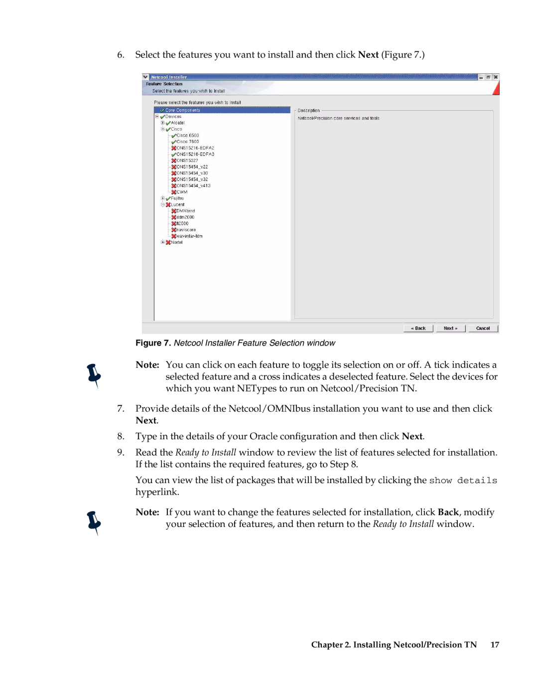 IBM 5.5 manual Netcool Installer Feature Selection window 