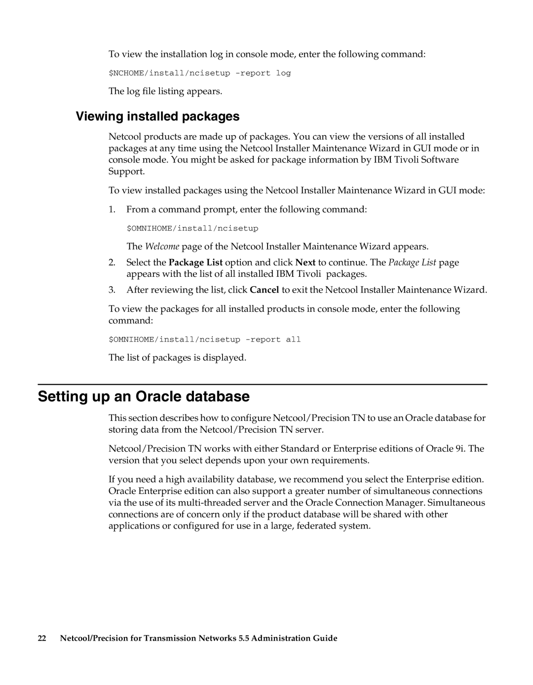 IBM 5.5 manual Setting up an Oracle database, Viewing installed packages 