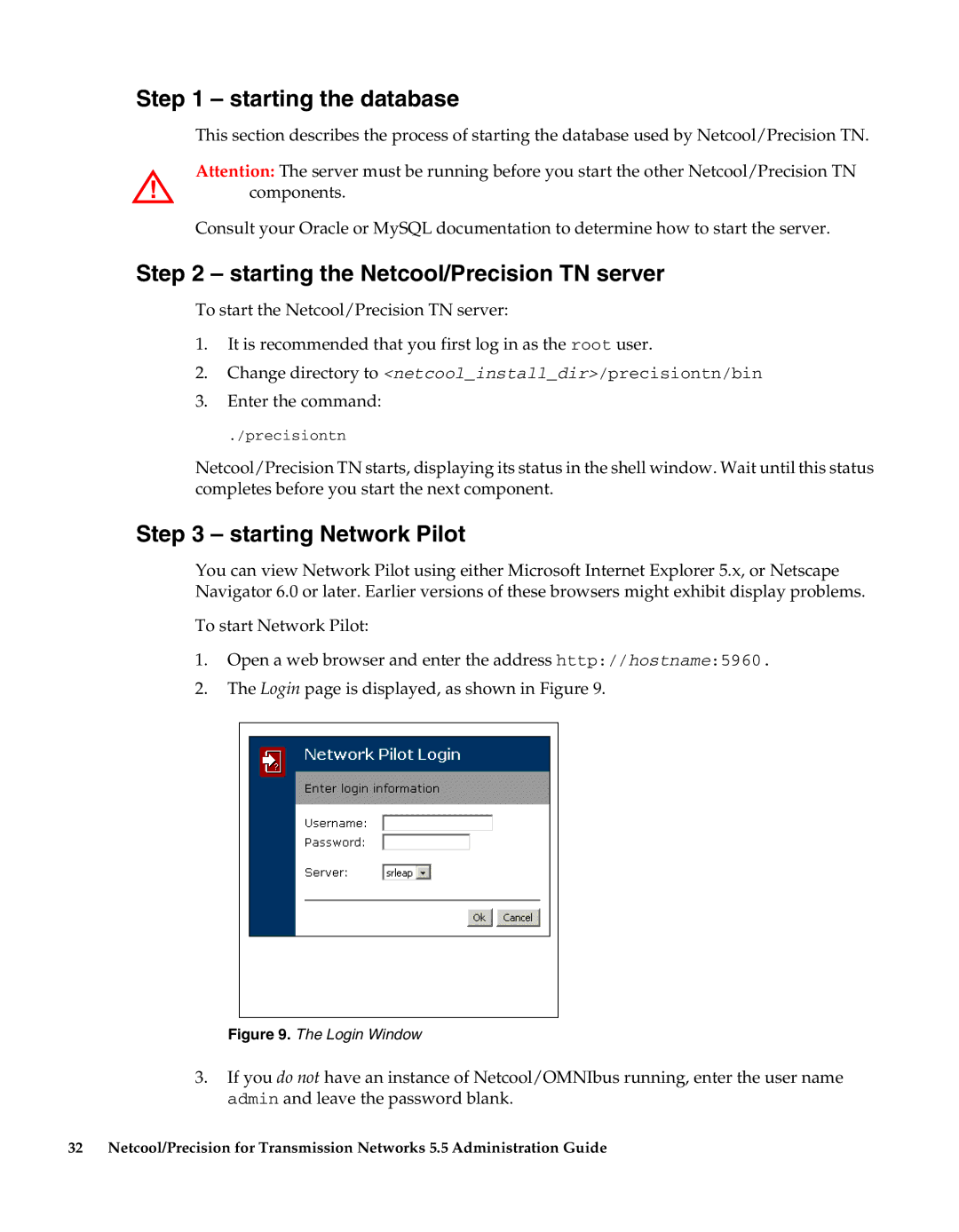 IBM 5.5 manual Starting the database, Starting the Netcool/Precision TN server, Starting Network Pilot 