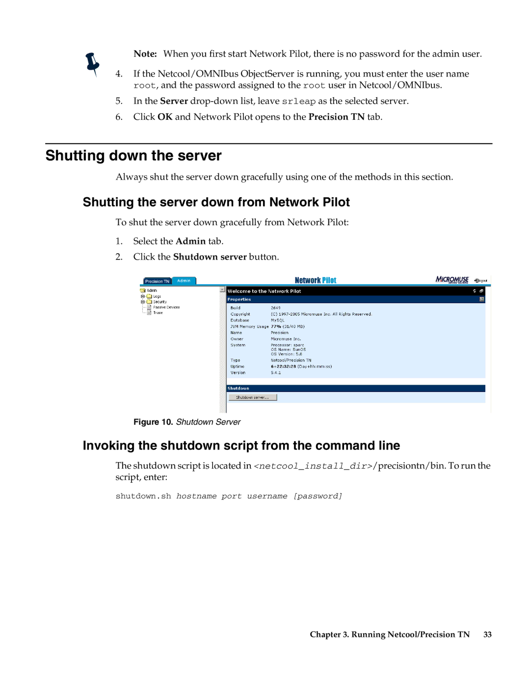 IBM 5.5 manual Shutting down the server, Shutting the server down from Network Pilot 