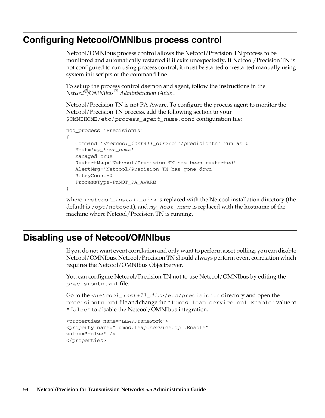 IBM 5.5 manual Configuring Netcool/OMNIbus process control, Disabling use of Netcool/OMNIbus 