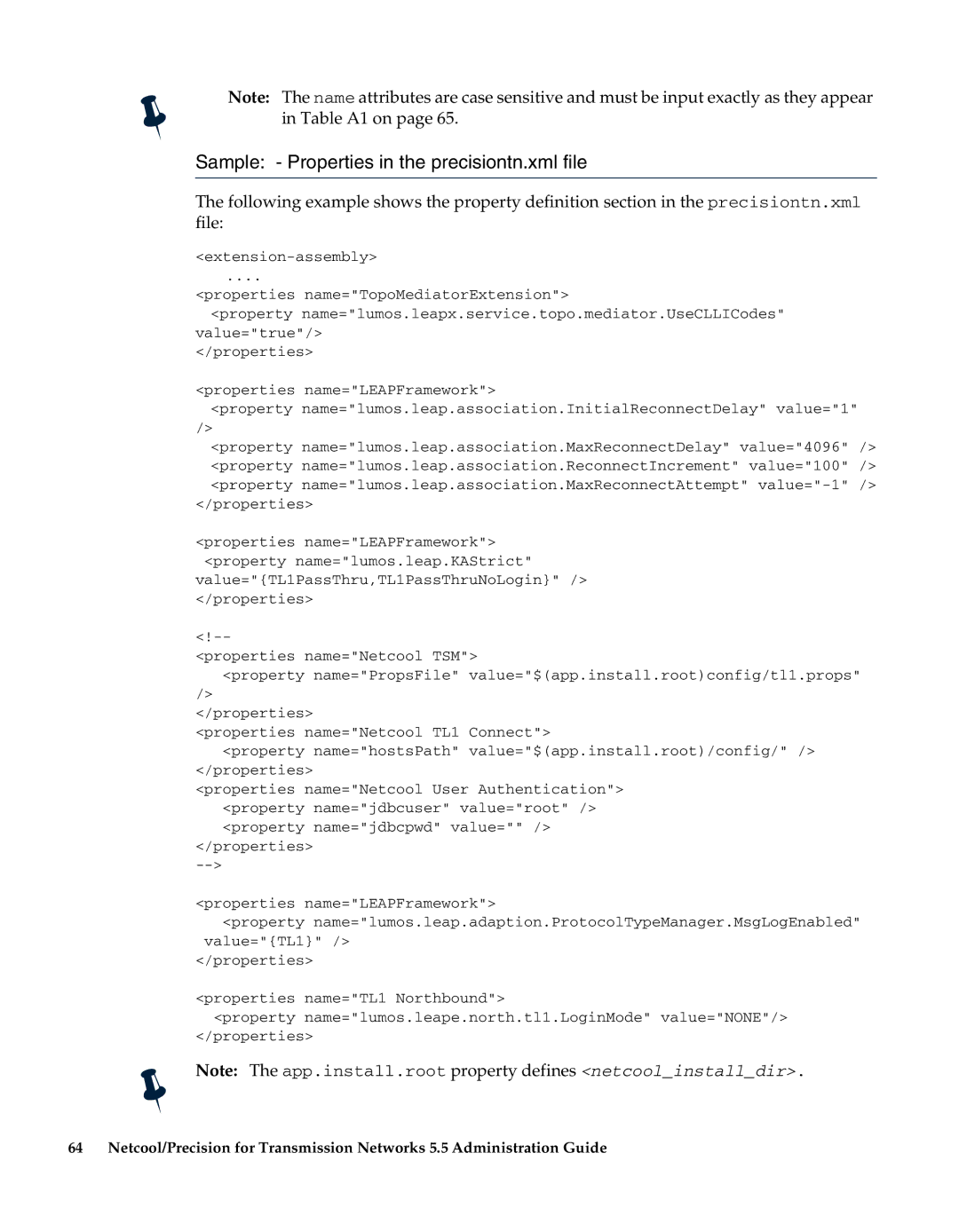 IBM 5.5 manual Sample Properties in the precisiontn.xml file 