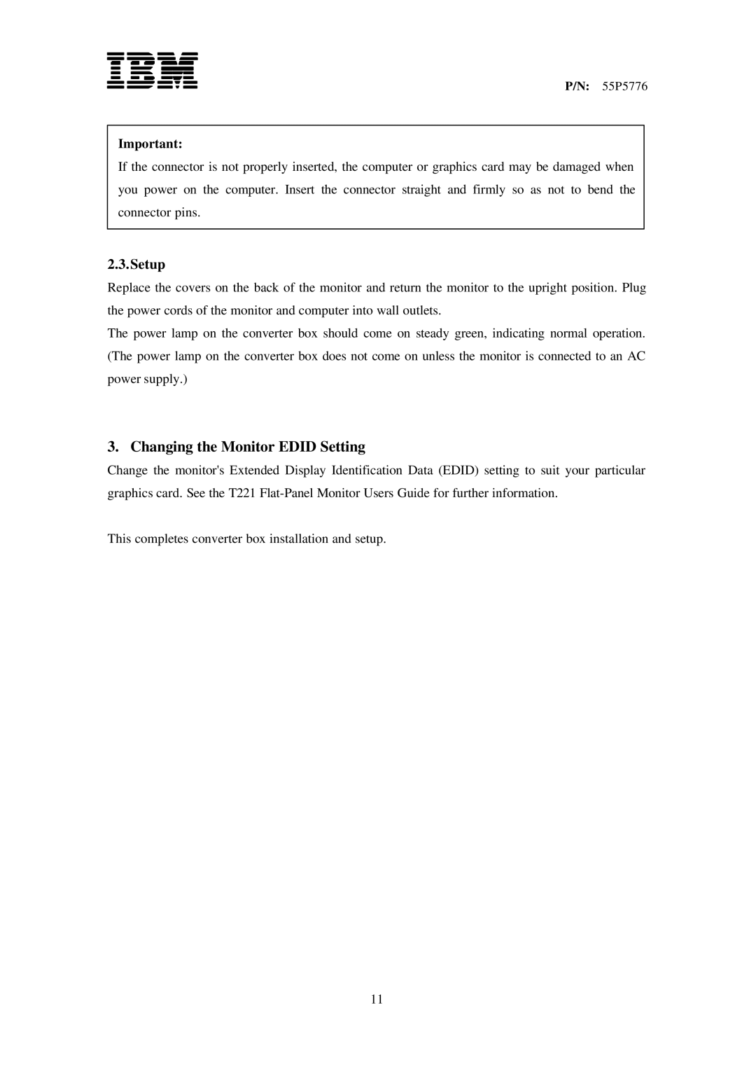 IBM 55P5728, 55P5776, T221, 07N2230, 13M3200, 07N2229, 55P5729 manual Changing the Monitor Edid Setting, Setup 