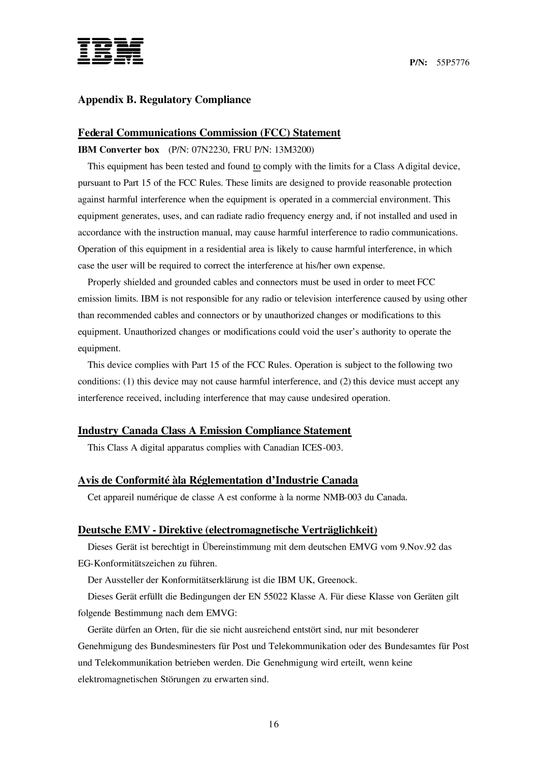 IBM 07N2230, 55P5776, T221, 13M3200, 55P5728, 07N2229, 55P5729 manual Industry Canada Class a Emission Compliance Statement 