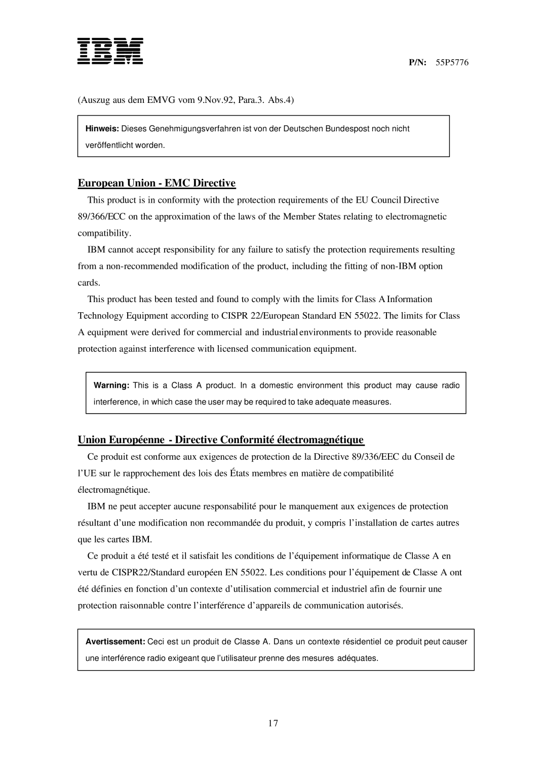 IBM 13M3200, 55P5776, T221, 07N2230 European Union EMC Directive, Union Européenne Directive Conformité électromagnétique 