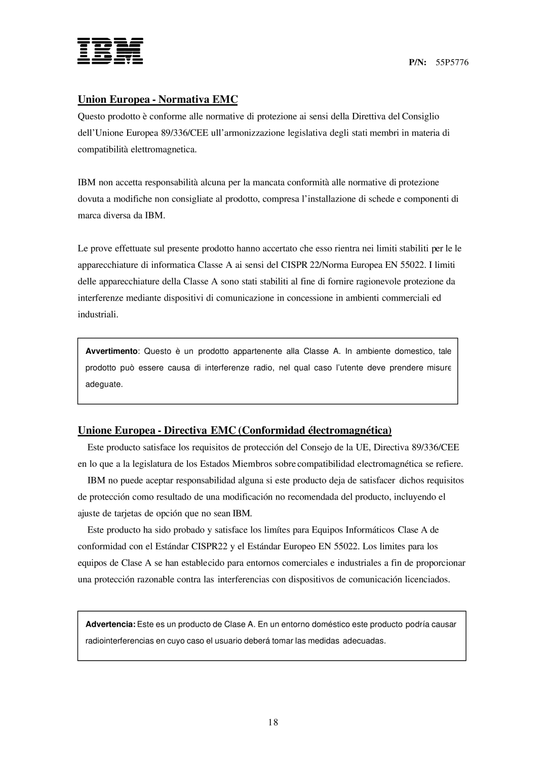 IBM 55P5728, 55P5776, T221, 07N2230 Union Europea Normativa EMC, Unione Europea Directiva EMC Conformidad électromagnética 