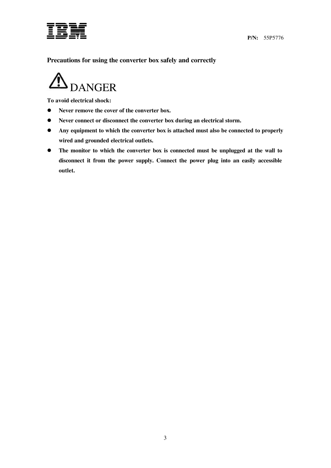 IBM 13M3200, 55P5776, T221, 07N2230, 55P5728, 07N2229, 55P5729 Precautions for using the converter box safely and correctly 