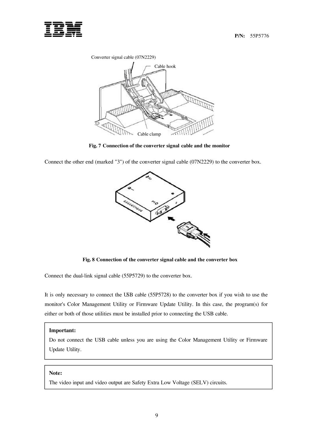 IBM 07N2230, 55P5776, T221, 13M3200, 55P5728, 07N2229, 55P5729 manual Connection of the converter signal cable and the monitor 