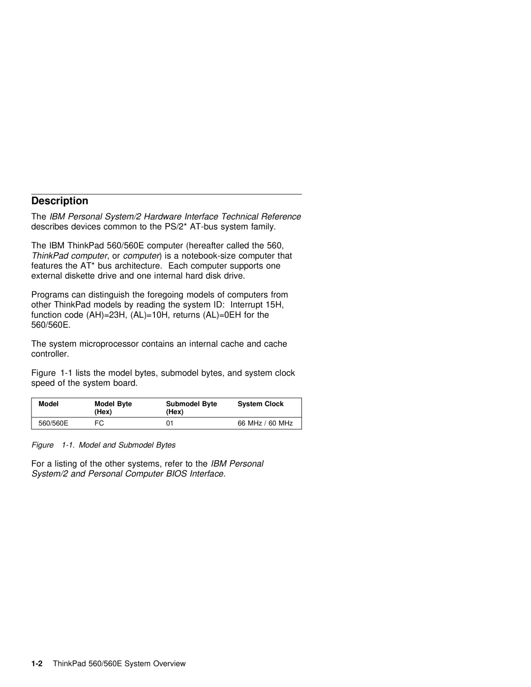 IBM 560E manual Description, Model, Submodel Byte, Clock Hex 