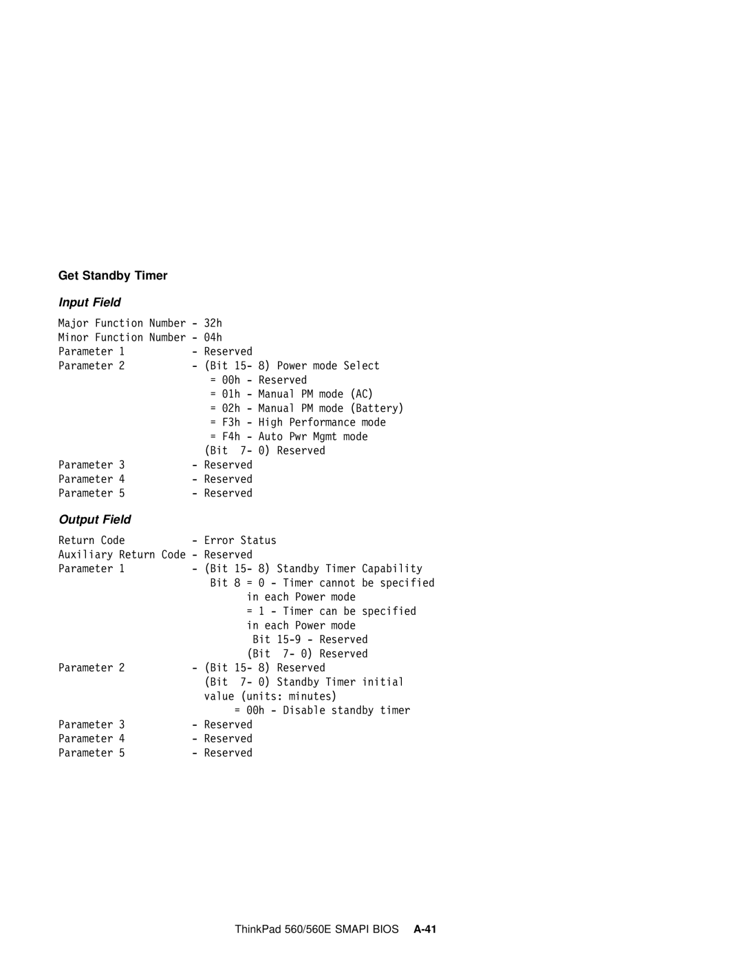 IBM 560E manual Get Standby Timer, Output Field 