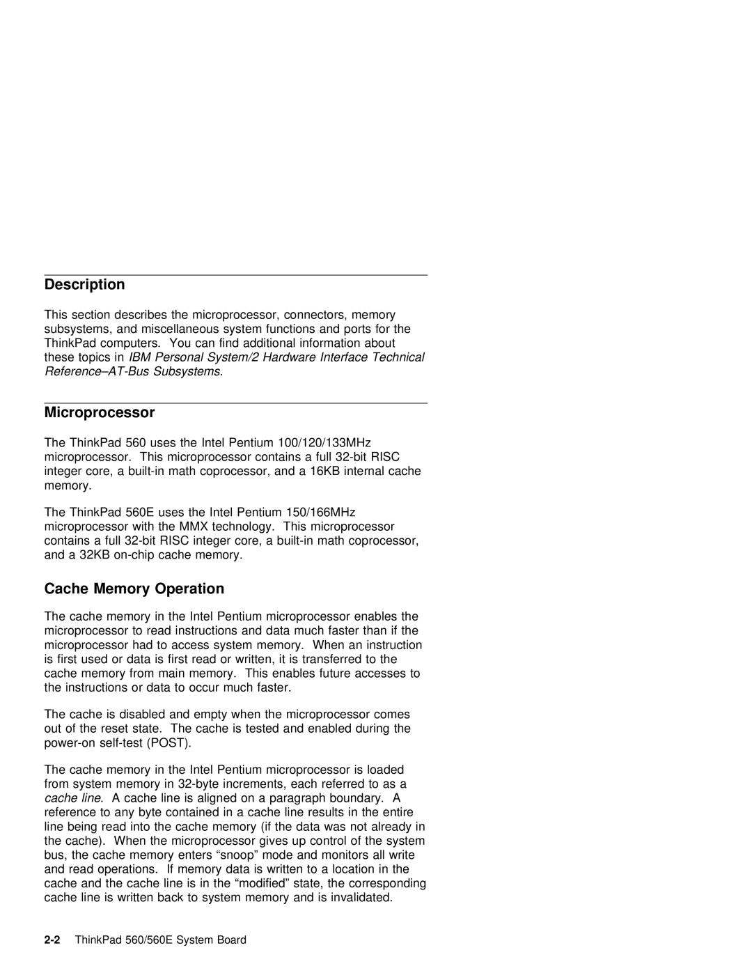 IBM 560E manual Microprocessor, Cache Memory Operation, On-chip cache Memory 