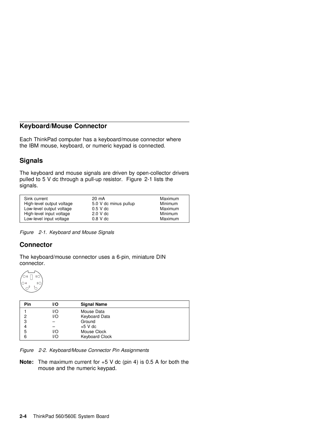 IBM 560E manual Keyboard/Mouse Connector, Signals, Current For Dc pin 4 is 0.5 a for both, Numeric Keypad 