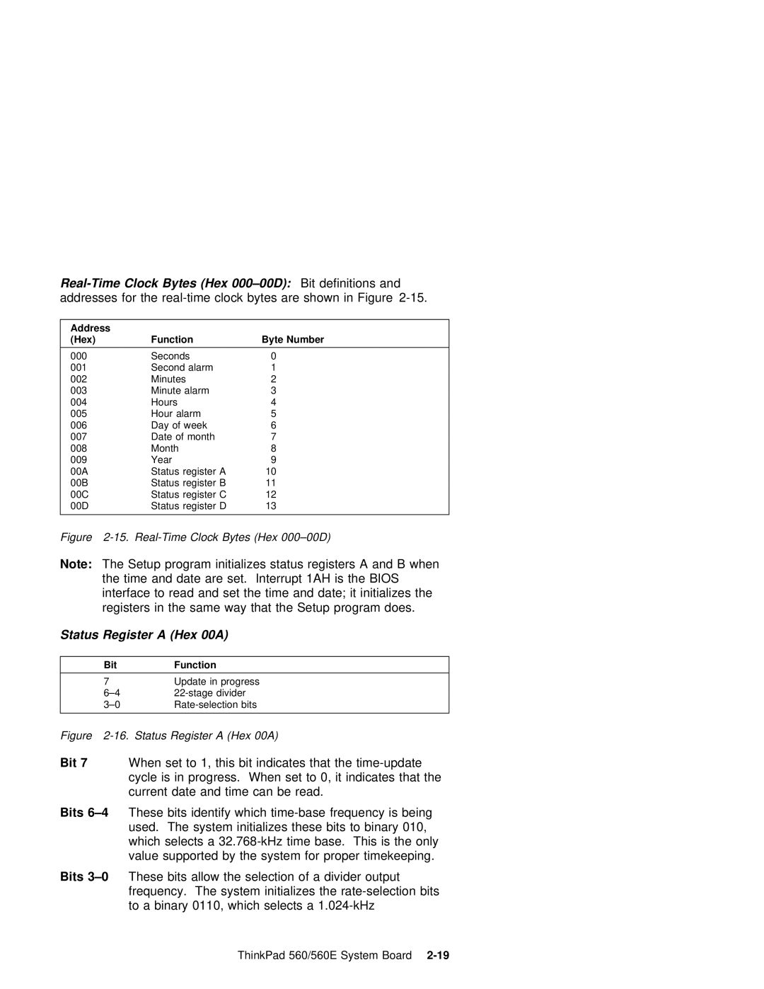 IBM 560E manual Bytes Hex, Status Register a, 0These bits allow the selection of a divider output, BitFunction 