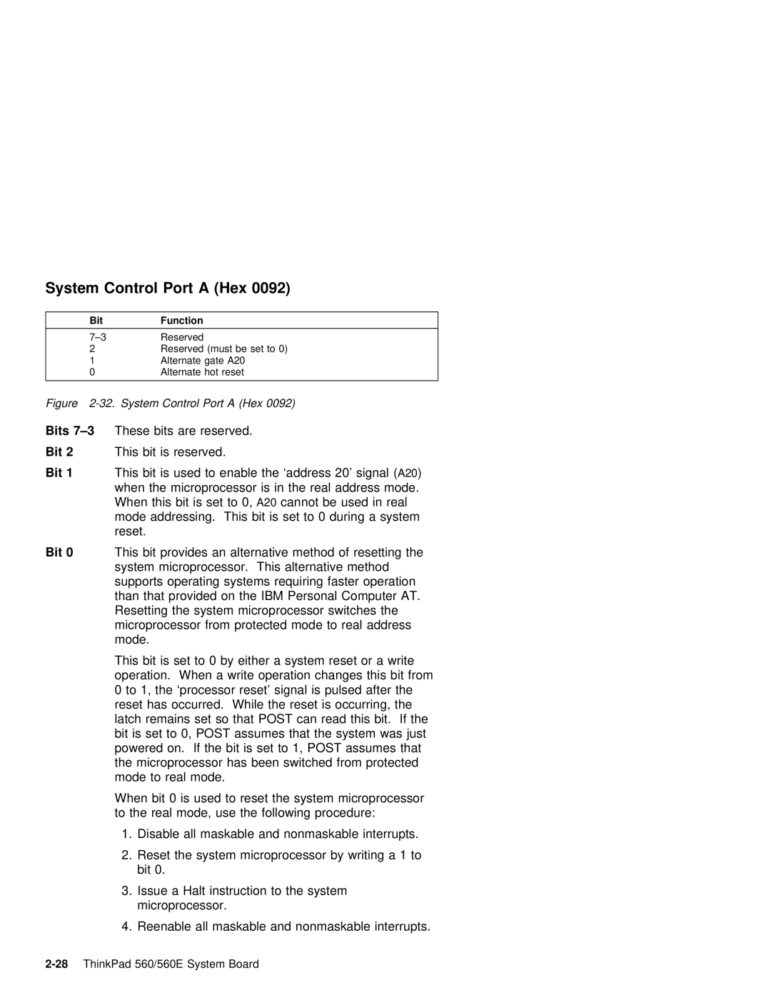 IBM 560E manual Port a Hex, 0092, This Bit Reserved 