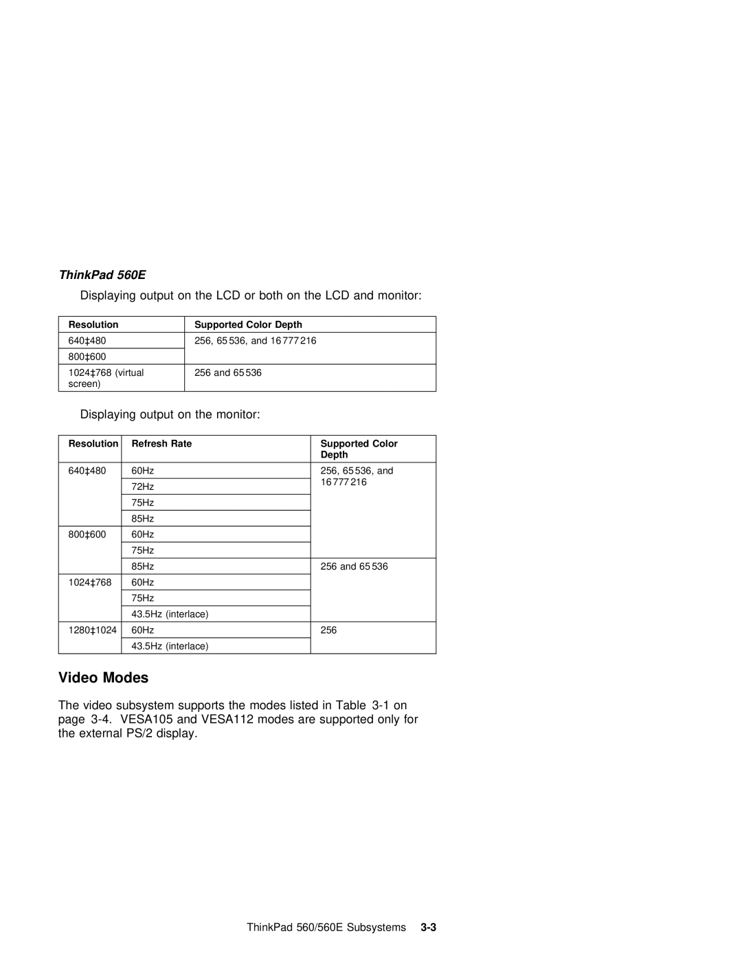 IBM manual Video Modes, ThinkPad 560E, Displaying output on the LCD or both on the LCD and monitor, Color 
