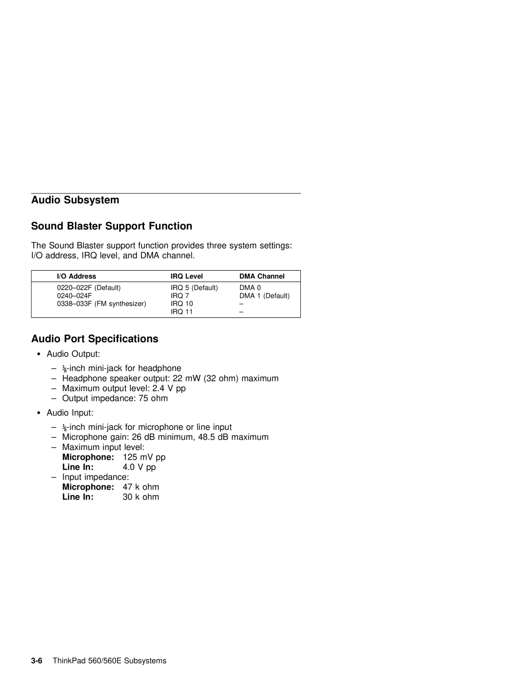 IBM 560E manual Audio Subsystem Sound Blaster Support Function, Audio Port Specifications, Line 