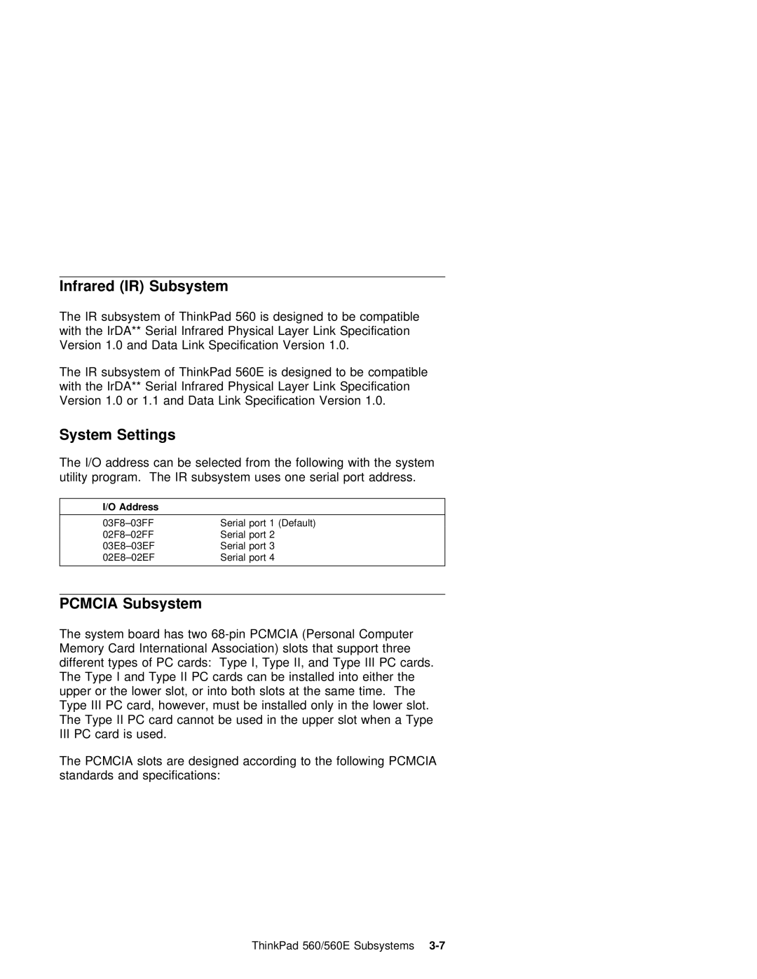 IBM 560E manual Subsystem, Specification Version, System board has two 68-pin, Iii 