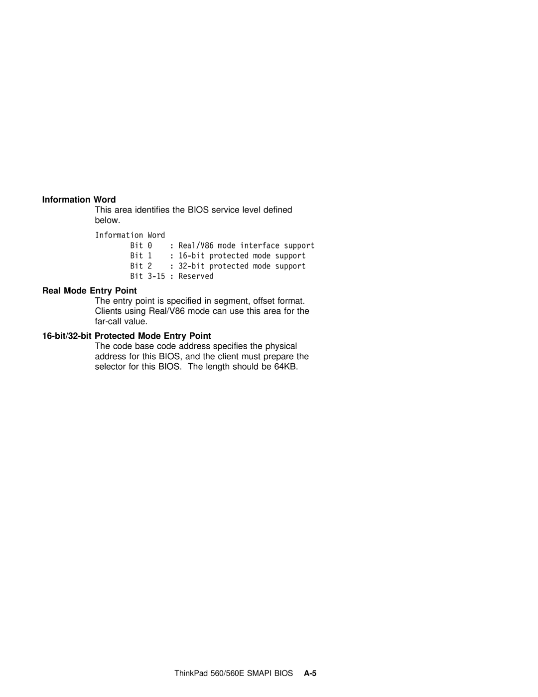 IBM 560E manual Information Word, This area identifies the Bios service level defined below, Real Mode Entry Point 